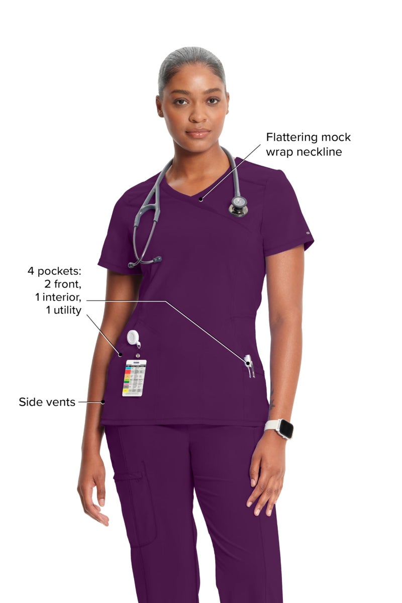 Cherokee Infinity Womens Mock Wrap Scrub Top, 4 Pockets, Rib-Knit Panel, Moisture-Wicking 360Â° Stretch - 2625A, M, Eggplant - Image 4